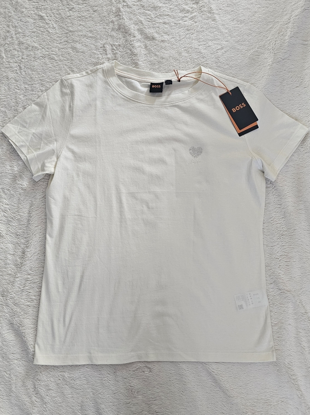 BOSS Orange Crystal Heart Cotton T-Shirt Off-White/Cream size XL NWT